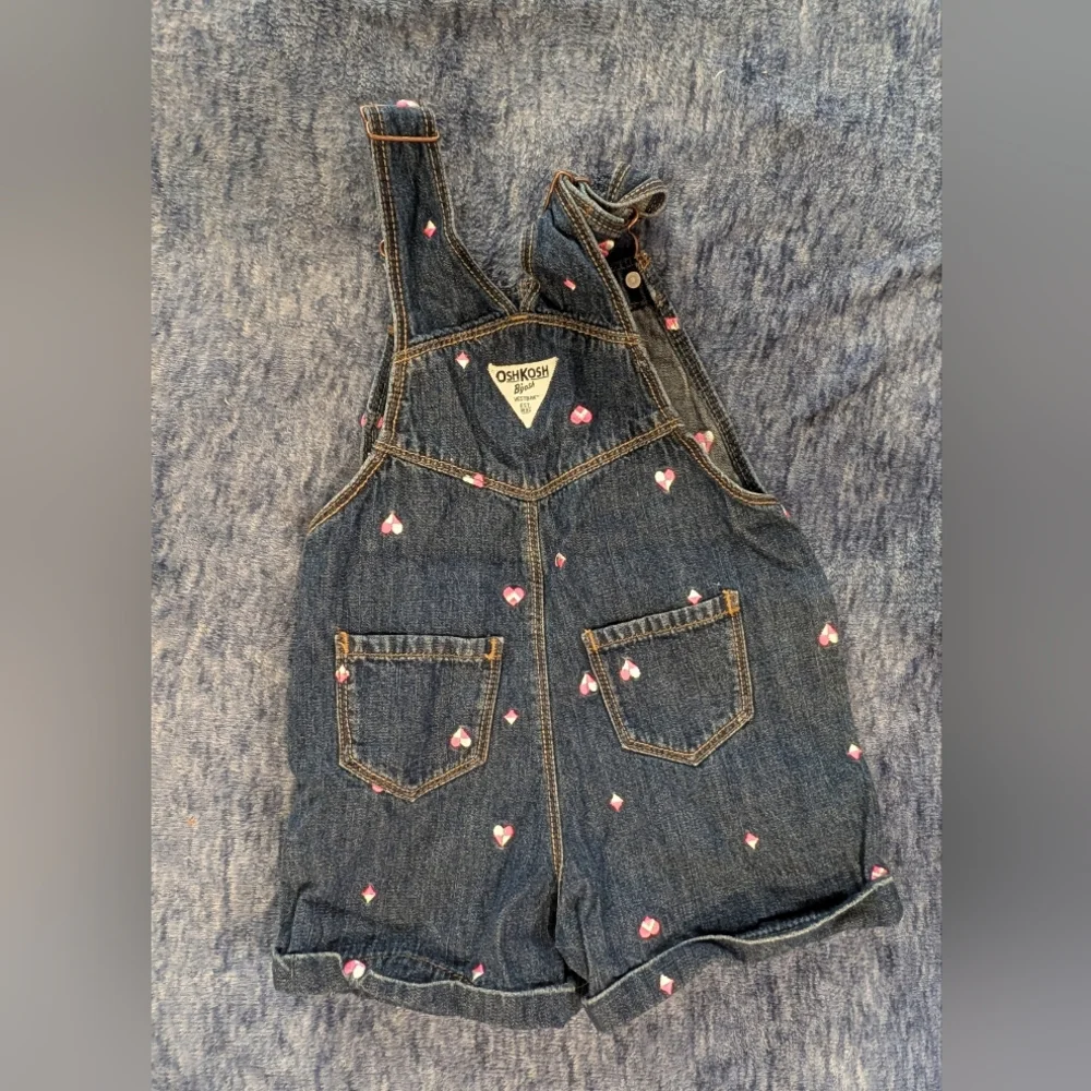 OshKosh B'gosh 4T Girls' Dark Blue Denim Overalls with Pink Heart Print